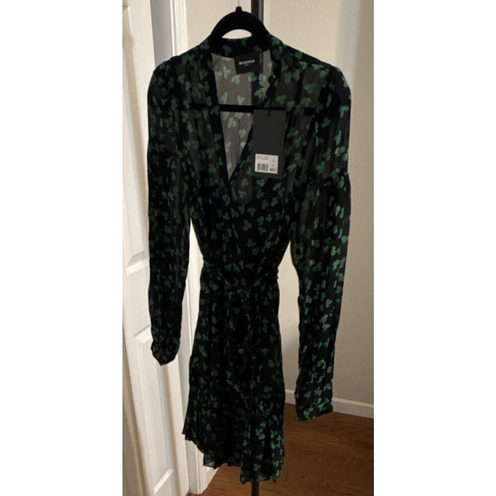 The Kooples Wrap Dress Floral Black Green Long Sleeve V-Neck Short Size 0